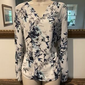 White House Black Market Floral Blouse - White and Navy